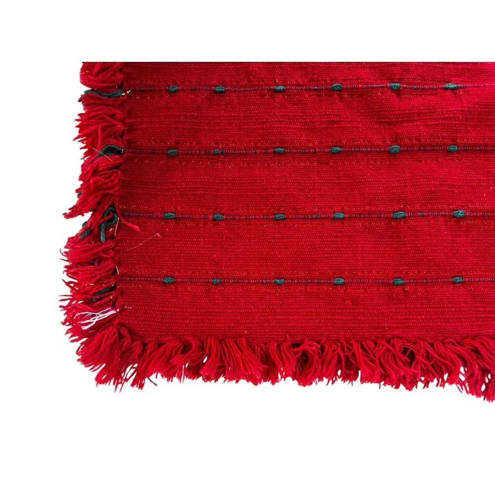 Set Of 4 Handmade Woven Red Placemats & Napkins Fringe Edges & Green Accent
